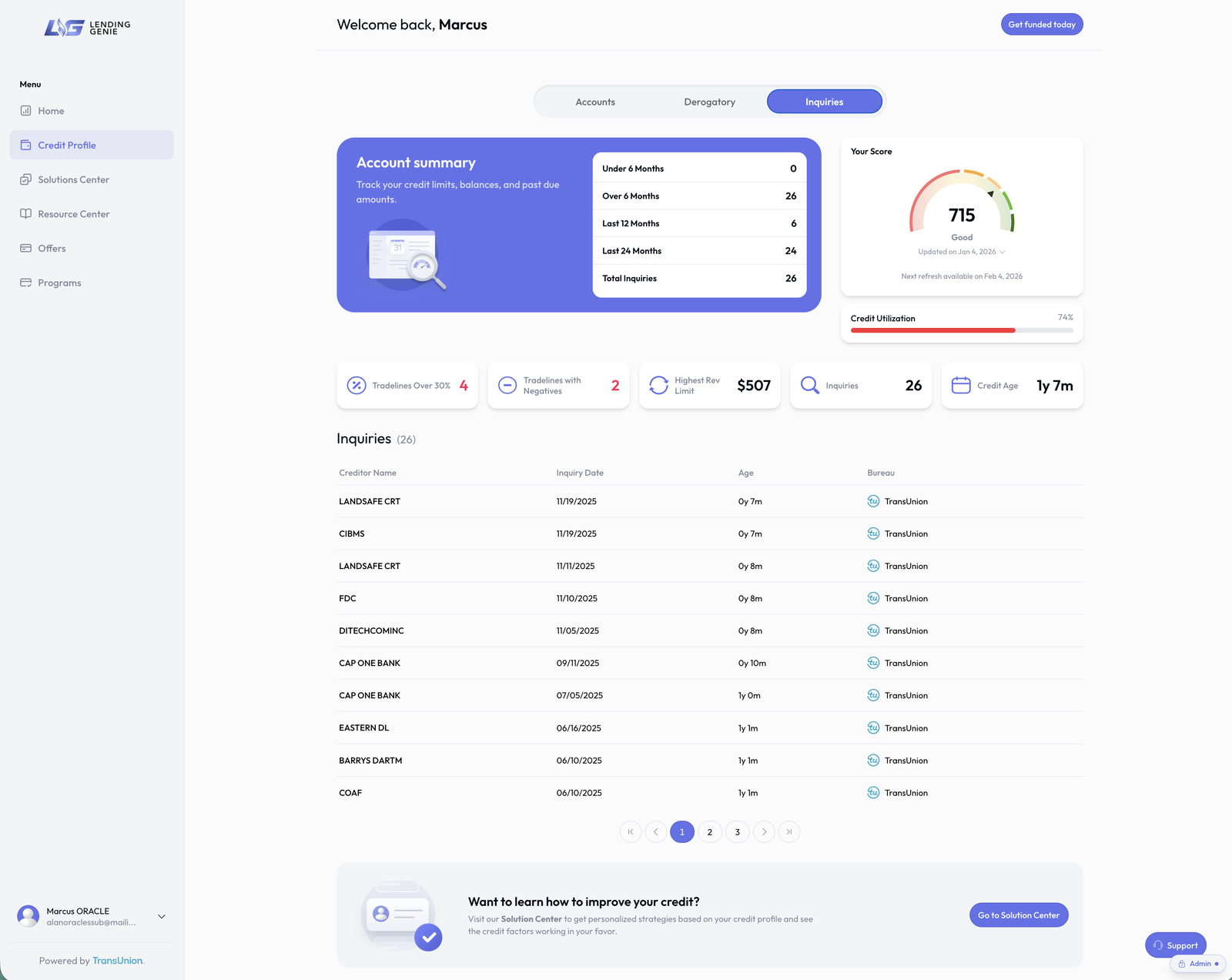 LendingGenie profile intelligence showing account summary, score, and a full inquiry history