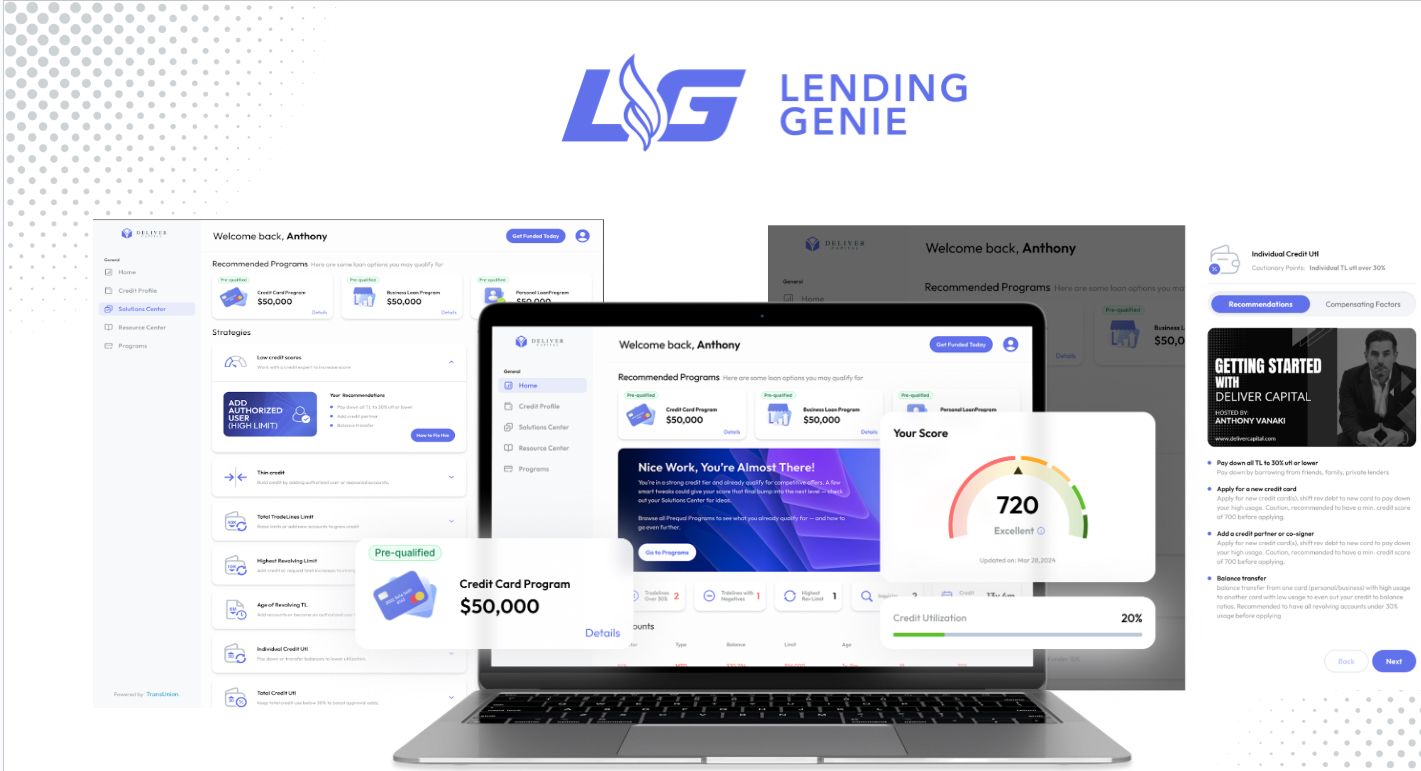 LendingGenie product: business credit dashboard with score and lender-ready recommendations