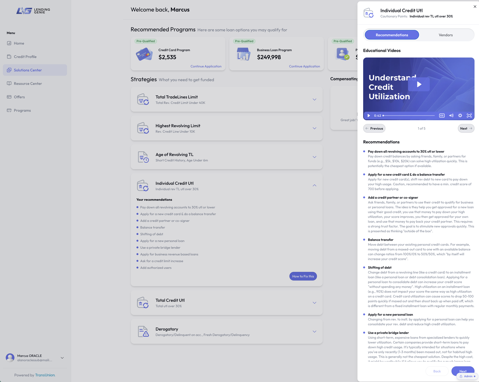 LendingGenie Solutions Center with impact-ranked strategies and an open educational video walkthrough